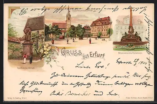 Lithographie Erfurt, Kaufmannskirche, Monumentalbrunnen, Lutherdenkmal