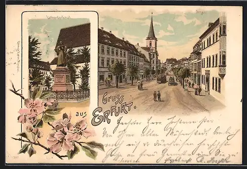 Lithographie Erfurt, Strassenpartie am Anger, Lutherdenkmal