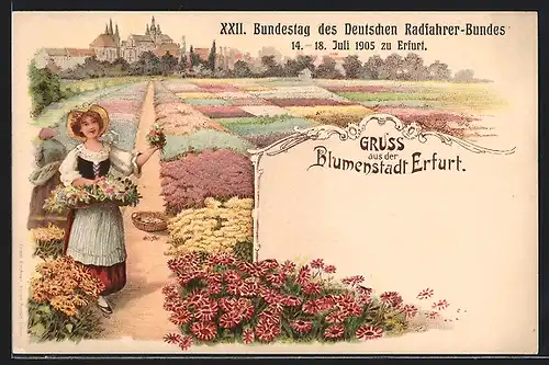 Lithographie Erfurt, Blumenwiese, Frau mit Blumenkorb