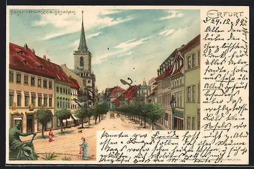 Lithographie Erfurt, Anger vom Brunnen aus gesehen