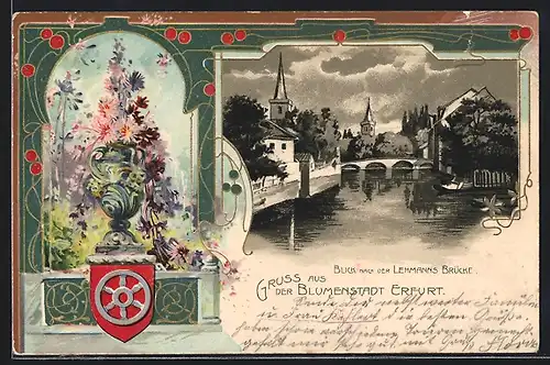 Passepartout-Lithographie Erfurt, Blick nach der Lehmanns-Brücke, Wappen