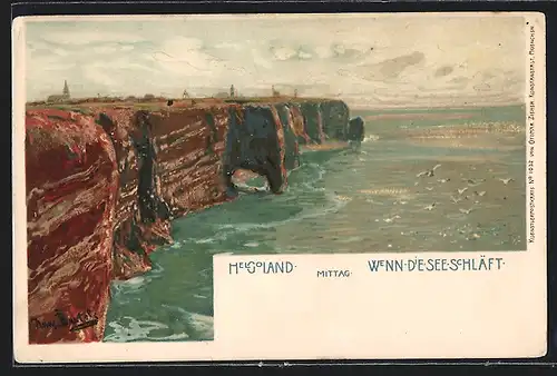 Lithographie Helgoland, Küstenpartie am Mittag