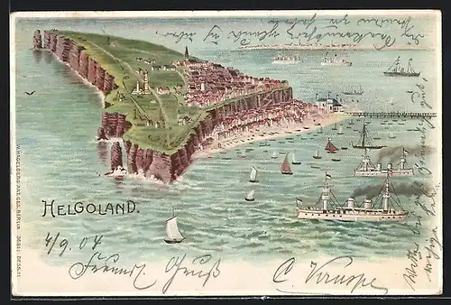 Lithographie Helgoland, Panorama mit Seesteg und Dampfer