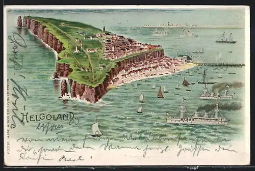 Lithographie Helgoland, Panorama mit Seesteg und Dampfer