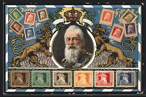 AK Portrait Prinzregent Luitpold, bayerische Briefmarken, Krone, Löwen