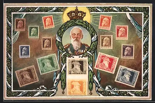 AK Briefmarken mit König Ludwig III. von Bayern