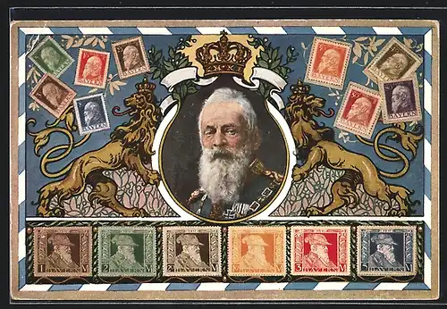 AK Portrait Prinzregent Luitpold, bayerische Briefmarken, Krone, Löwen