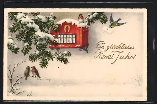 AK Briefkasten mit Vögeln im Schnee, Neujahrsgruss