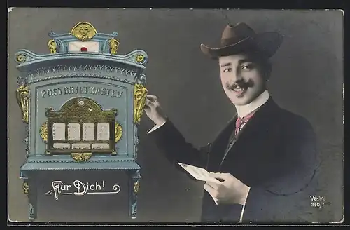 AK Mann steckt Brief in Postbriefkasten