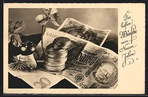 AK Gelscheine- und Münzen mit Fliegenpilz und Kleeblättern