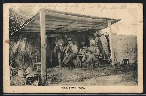AK Feld-Villa Götz, Soldaten in Uniform im Unterstand, Schützengraben