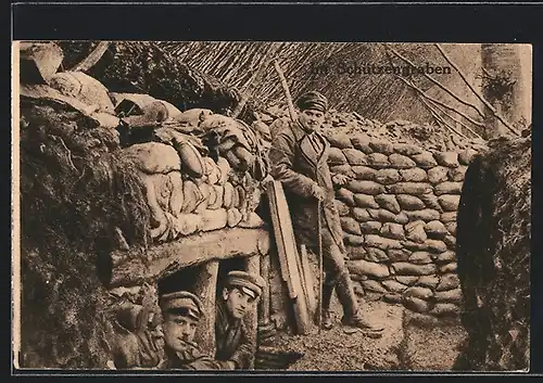 AK Soldaten mit Schirmmütze im Schützengraben