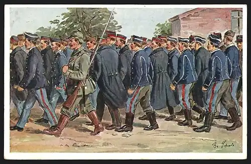 Künstler-AK Kriegsgefangene belgische Infanterie, Kavallerie und Artillerie, POW's marschieren ins Gefangenenlager