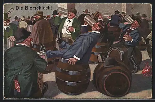 AK Männer bei einer Bierschlacht, Trinkerhumor