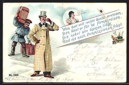 Lithographie Page schleppt das Gepäck eines vornehmen Mannes