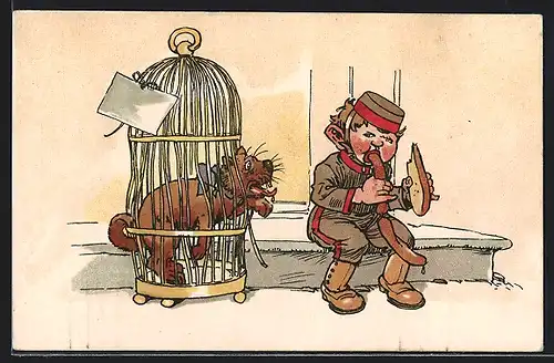 AK Page mit Wurst und Hund im Käfig