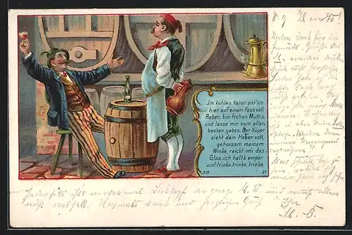 AK Mann sitzt im Weinkeller mit einem Glas Wein