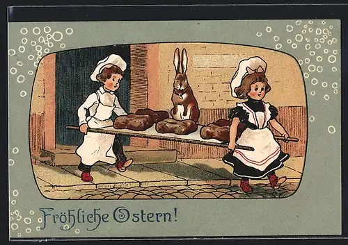 AK Bäckerpaar mit dem Osterhasen auf der Trage, Ostergruss