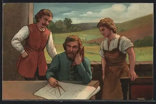 AK Technischer Zeichner mit Zirkel und Papier am Tisch