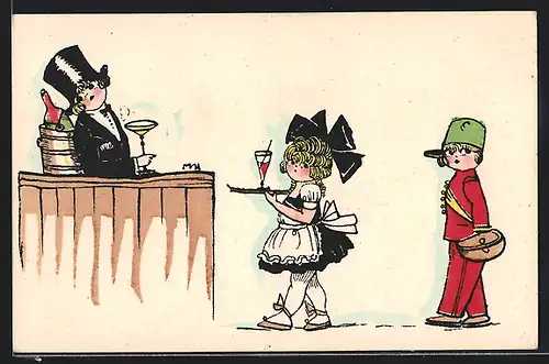 AK Kellerin mit Tablett an der Theke, Gastronomie