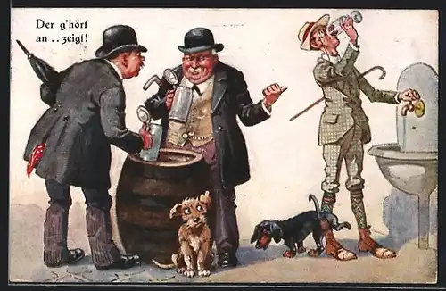 Künstler-AK Trinker lästern über einen Wassertrinker, Dackel
