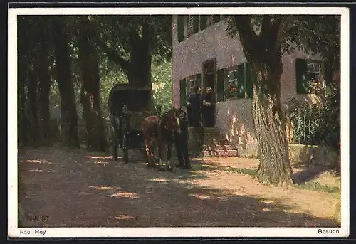Künstler-AK P. Hey: Besuch, Pferdekutsche