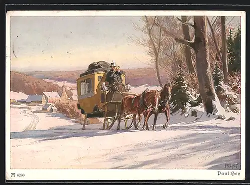 Künstler-AK P. Hey: Winterpanorama mit Schlittenpost
