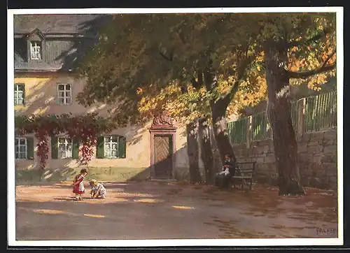 Künstler-AK P. Hey: Herbstsonne, Alte Frau sitzt auf der Bank und strickt, Kinder spielen auf dem Platz