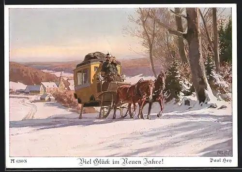 Künstler-AK P. Hey: Winterpanorama mit Schlittenpost