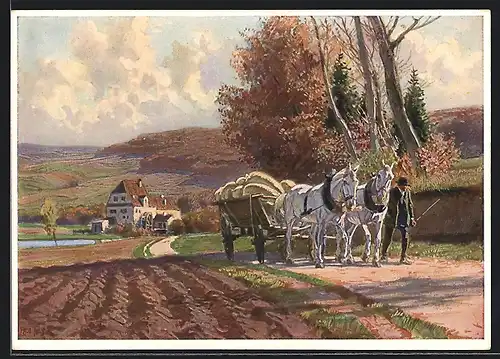 Künstler-AK Paul Hey: Bauer mit Pferdegespann, Im Hintergrund die Mühle