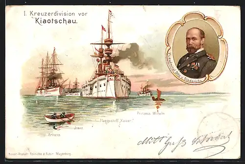 Lithographie Kiaotschau, I. Kreuzerdivision des Ostasiengeschwaders, Flaggschiff Kaiser mit Irene und Arkona