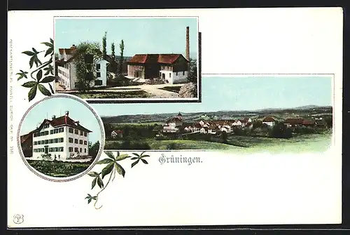 AK Grüningen, Fabrik, Ortsansicht aus der Vogelschau
