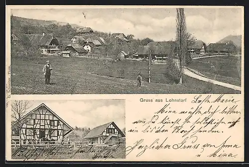 AK Lohnstorf, Fachwerkhaus, Ortsansicht mit Feldarbeitern