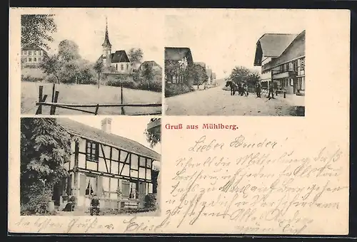 AK Mühleberg, Kirche, Fachwerkhaus, Strassenpartie
