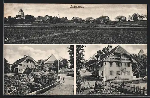 AK Schlosswil, Gebäudeansichten mit Gärten, Ortsansicht