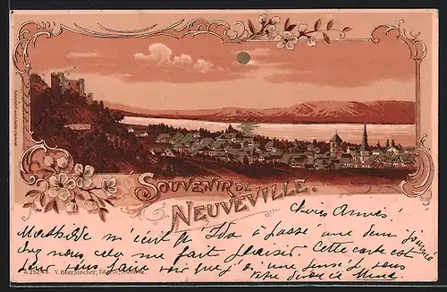 Lithographie Neuveville, Ortsansicht mit Burg und Seeblick