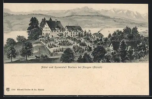 Künstler-AK Horgen, Hotel und Kuranstalt Bocken mit Umgebung und Bergpanorama