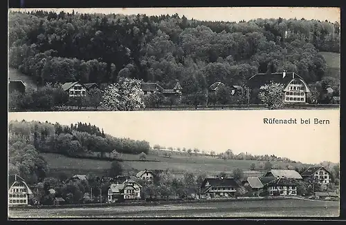 AK Rüfenacht bei Bern, Ortspanorama mit Feldern, Ortspanorama mit Waldblick