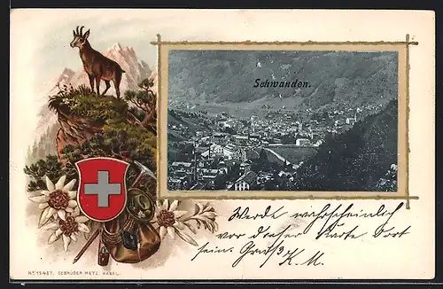 Passepartout-Lithographie Schwanden, Gesamtansicht, Bergziege, Edelweiss, Schweizer Wappen
