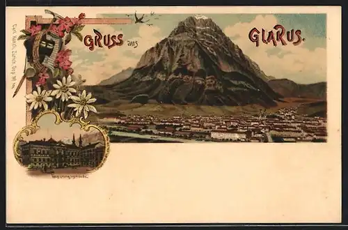 Lithographie Glarus, Regierungsgebäude, Ortsansicht mit Fluss und Berg