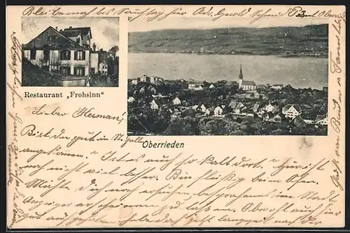 AK Oberrieden, Restaurant Frohsinn, Teilansicht mit Wasserblick aus der Vogelschau
