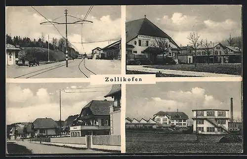 AK Zollikofen, Gasthaus Emmenthal, Strassenpartie mit Strassenbahn, Ortspartie