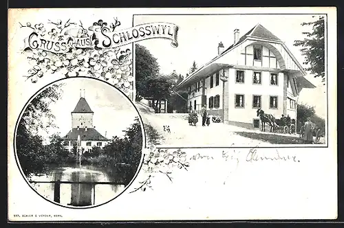 AK Schlosswil, Schloss und Fontäne, Strassenpartie am Gasthaus