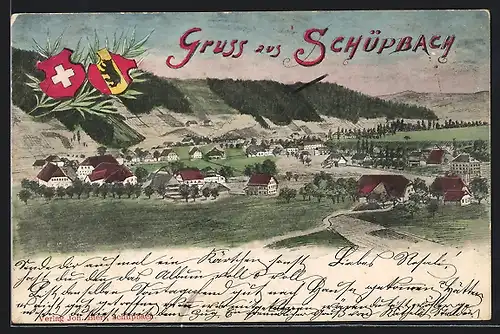 Künstler-AK Schüpbach, Ortspartie mit Bergen, Wappen
