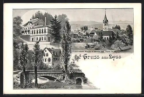 Künstler-AK Lyss, Brauerei und Restaurant Lyss, Partie an der Brücke