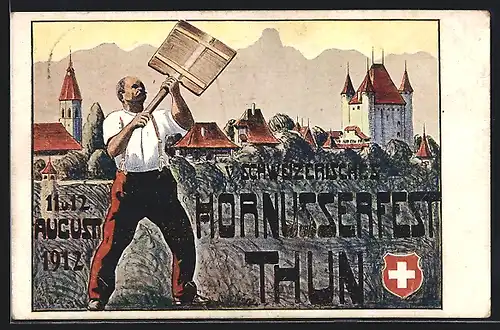 Künstler-AK Thun, V. Schweizerisches Hornusserfest 1912, Ortspartie mit Bauern