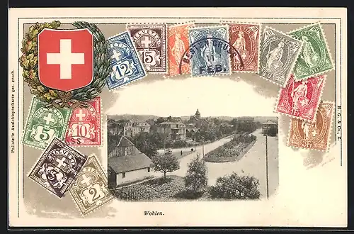 AK Wohlen, Strassenpartie im Ort, Schweizerische Briefmarken
