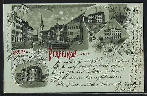 Mondschein-Lithographie Pfäffikon, Hotel Bahnhof, Gerichtshaus, Schulhaus