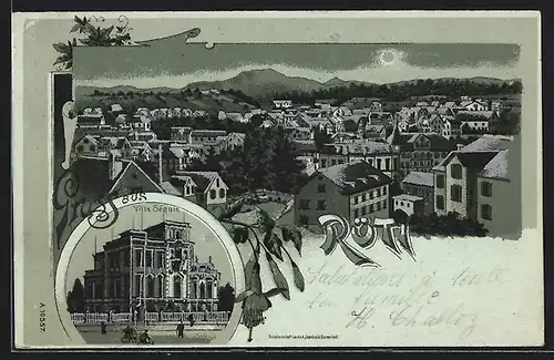 Mondschein-Lithographie Rüti, Ansicht der Villa Séquin, Blick über die Dächer der Ortschaft