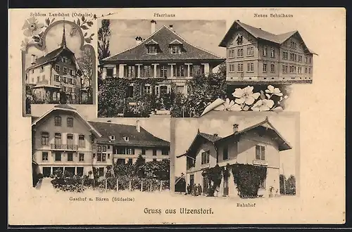AK Utzenstorf, Gasthof z. Bären, Bahnhof, Schloss Landshut, Pfarrhaus, Neues Schulhaus